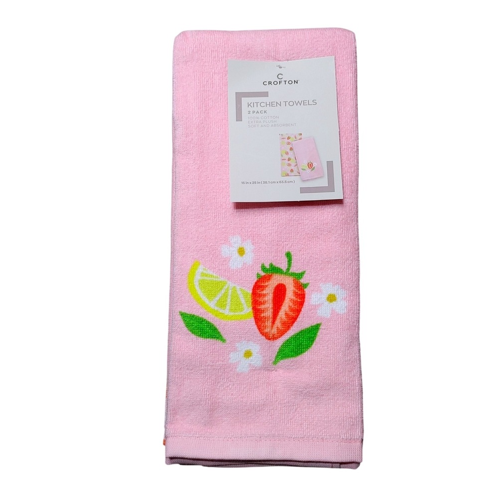 New Crofton 2 Pack Pink Fruit Kitchen Towels Strawberry Lemon 100% Cotton NEW